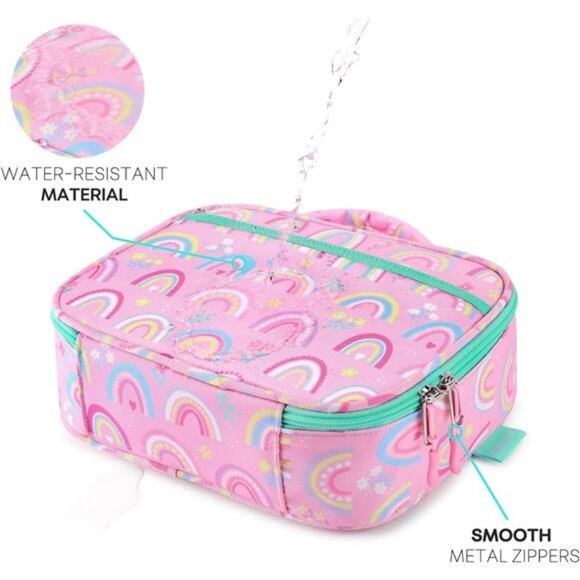 Kids Insulated Lunch Box Pink Rainbow Toddler School Bag Reusable Zipper - Picture 6 of 7
